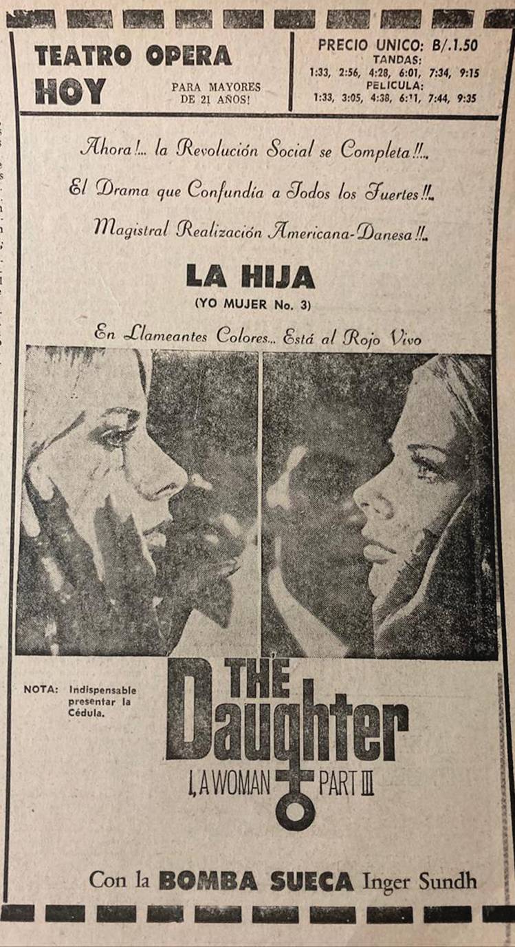 Cartelera de la película, La Hija parte 3, La Estrella de Panamá, febrero de 1971.