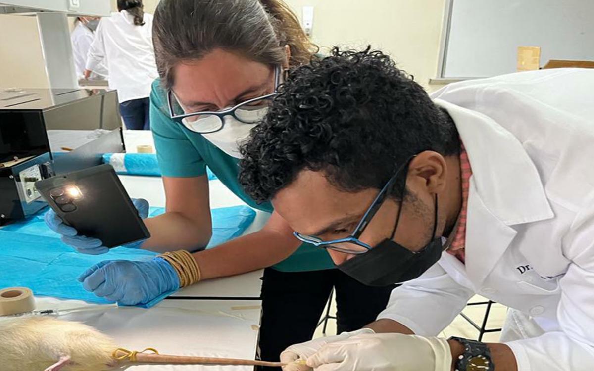 r. Julio Ramos y la Dra. Mariana Abreu, de Brasil, durante la capacitación Manejo de Animales de Experimentación, organizada por el CEIBAUP.  